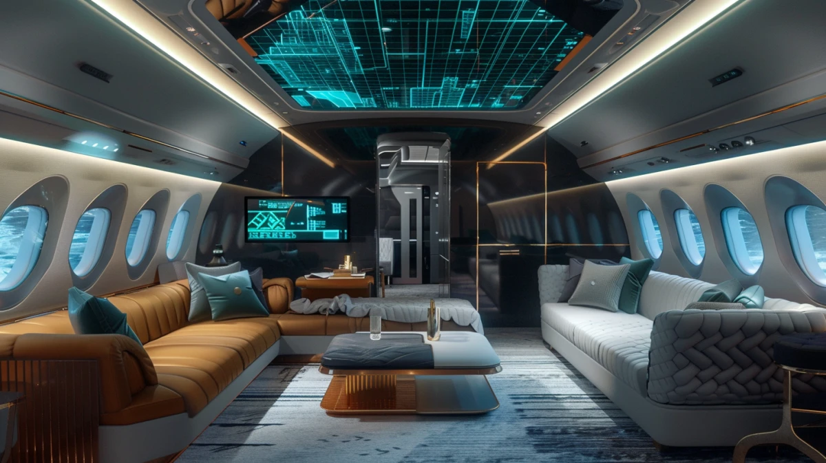 VIP aircraft cabin interior with technical overlay