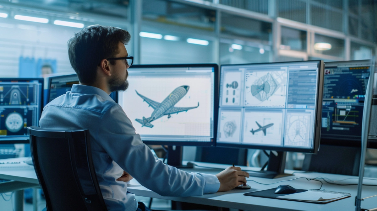 Aircraft cabin engineering workstation with engineer reviewing CAD models for controlled work-package delivery