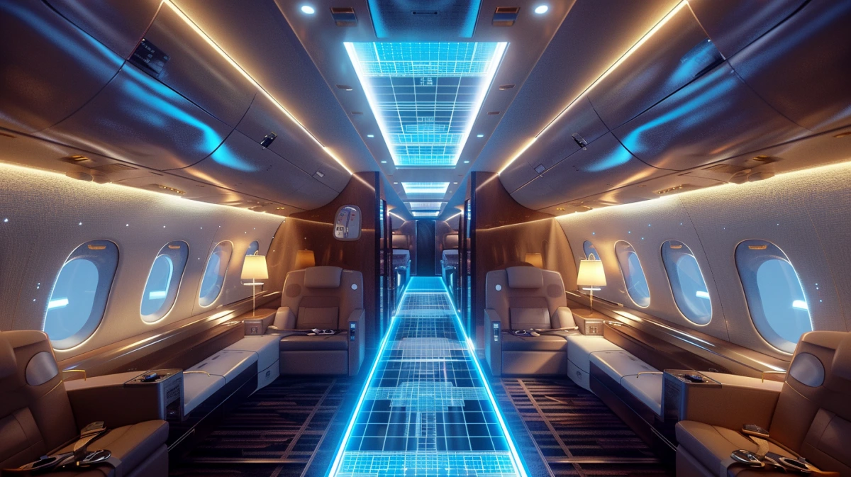 VIP aircraft cabin interior with structured layout and illuminated grid representing fixed pricing and clearly defined engineering work-packages