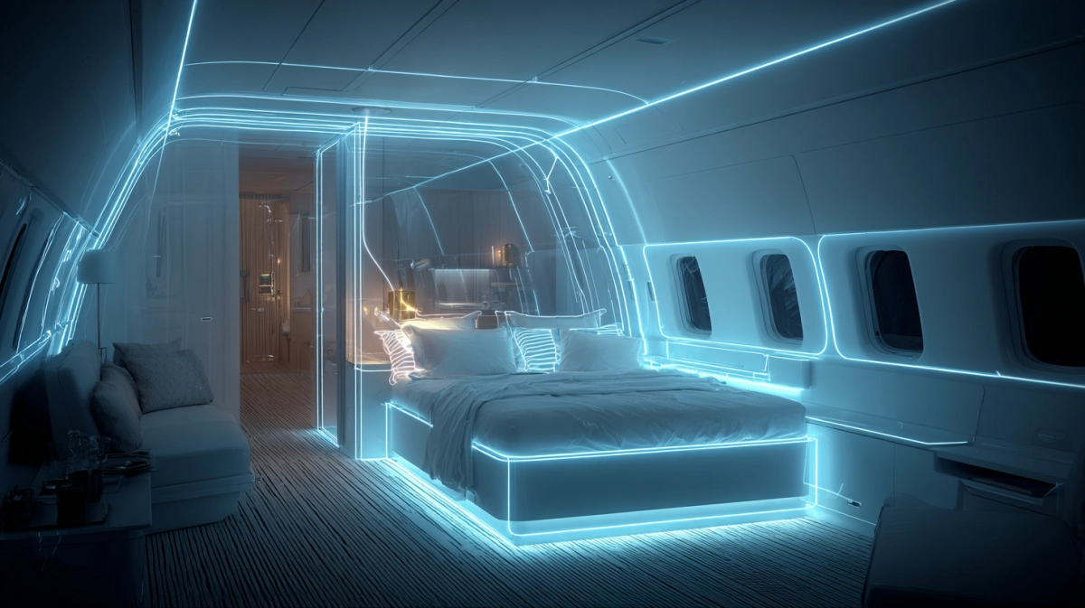 VIP aircraft cabin bathroom with highlighted engineering boundaries representing a complete furniture room work-package