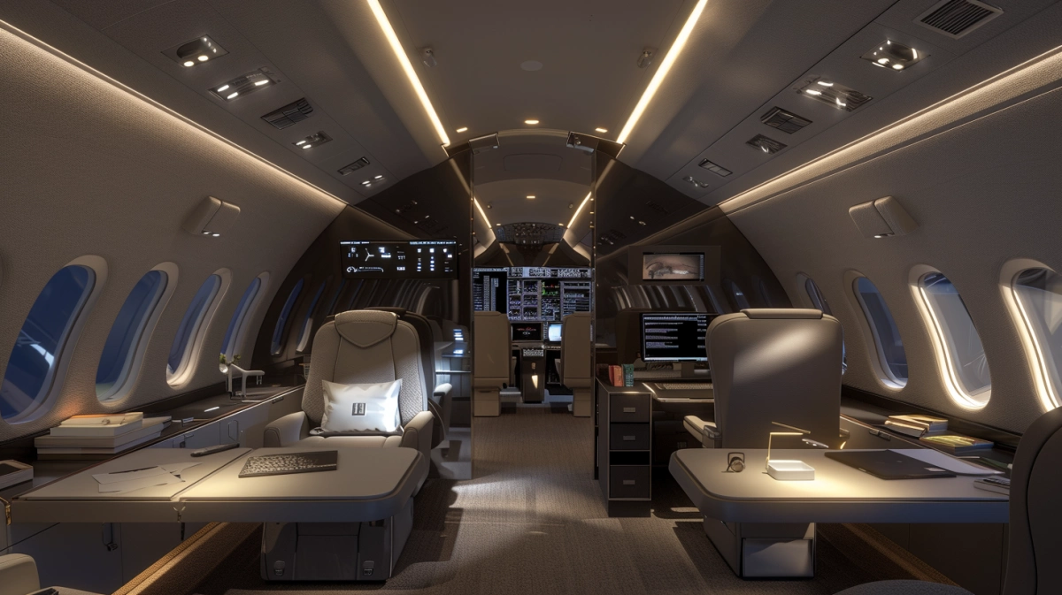 VIP aircraft cabin interior engineering workspace with multiple engineers collaborating in a structured and coordinated environment