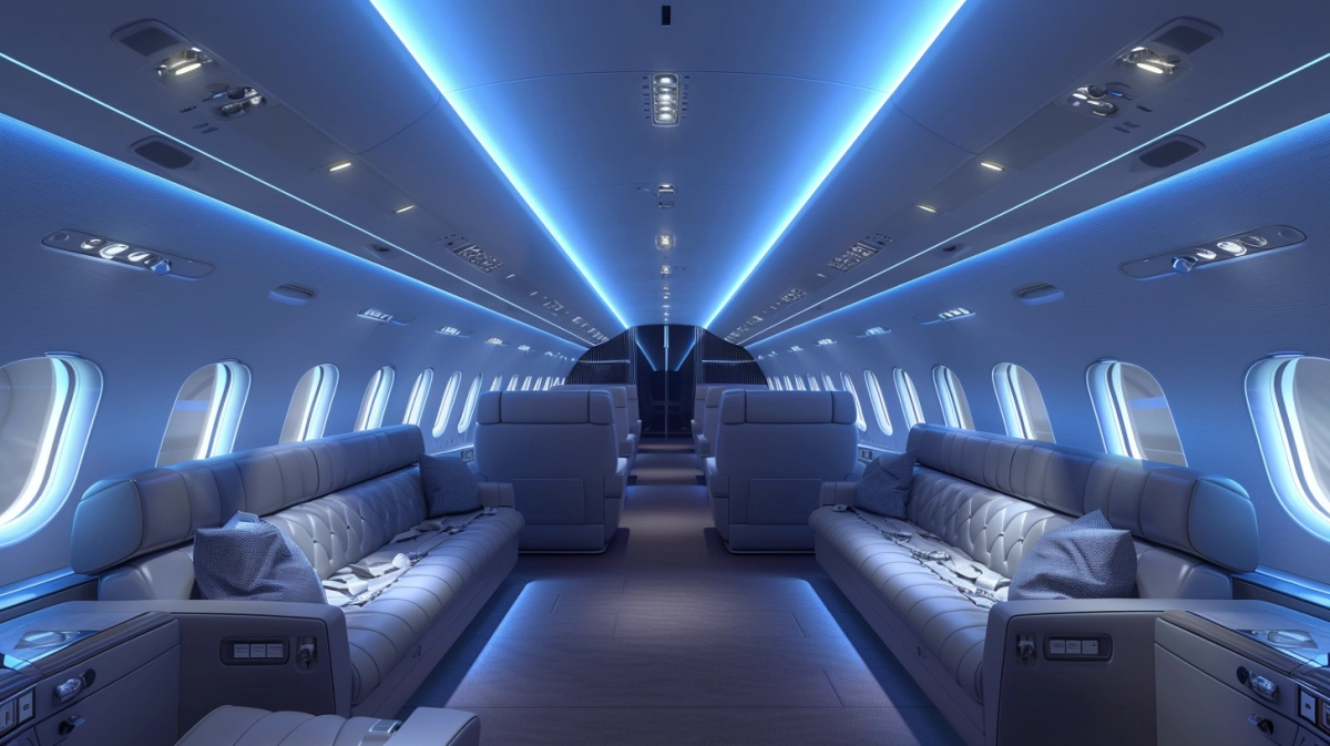VIP aircraft cabin interior engineering design with symmetrical layout and ambient lighting for business jet completion